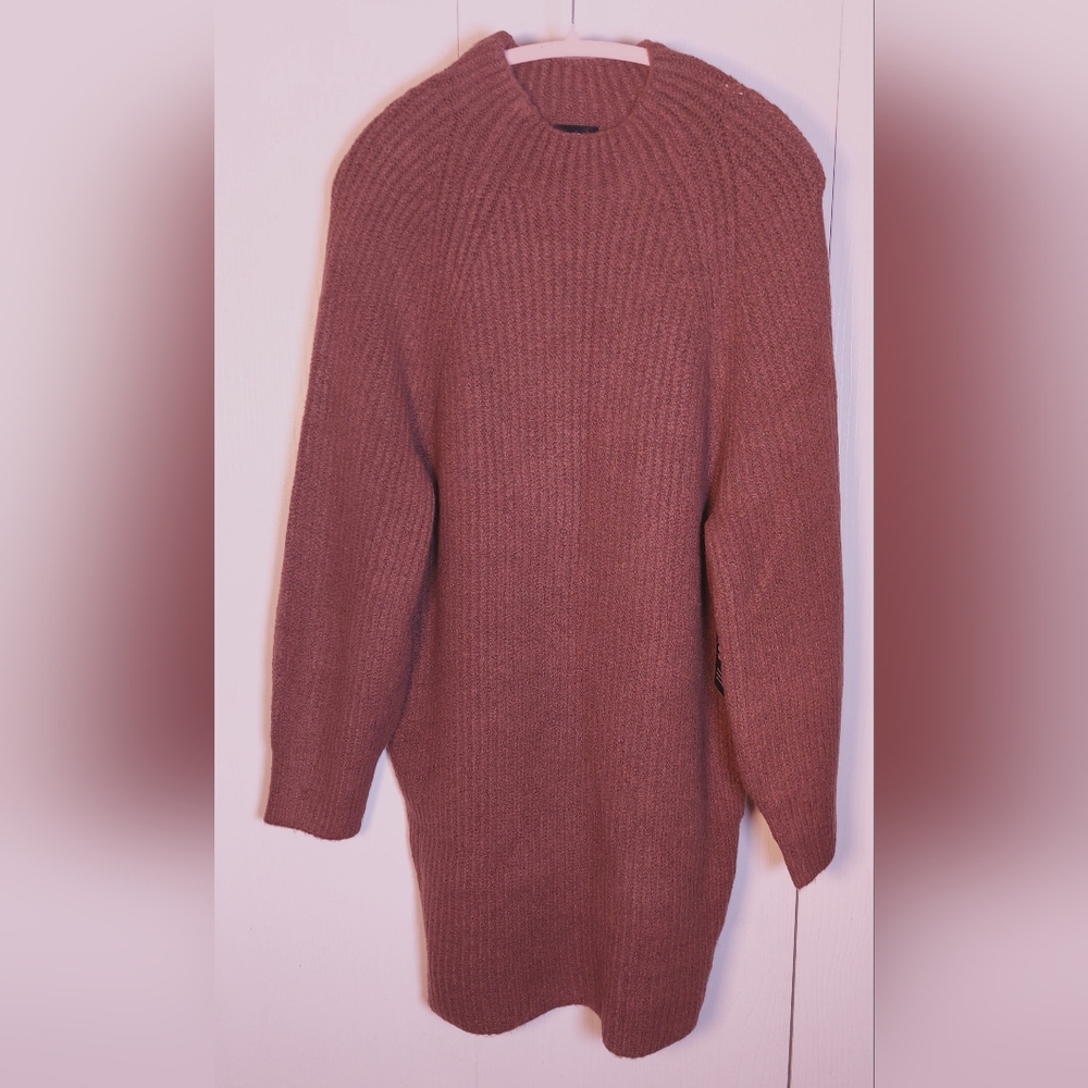 Express Chocolate NWT Raglan Long Sleeve Rib-Knit Sweater Dress Size Medium Mini - Picture 12 of 14